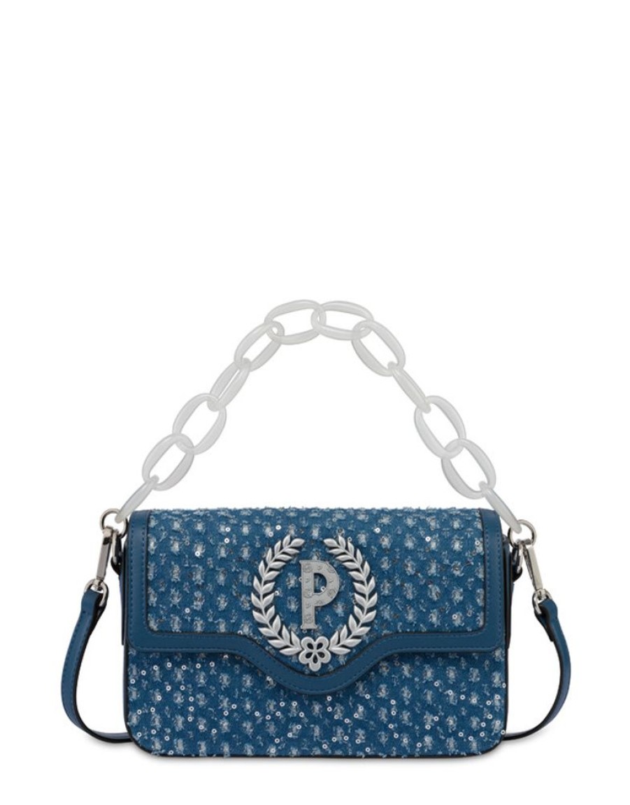 Pollini Candy Bag In Denim Con Pailettes E Maxi Catena