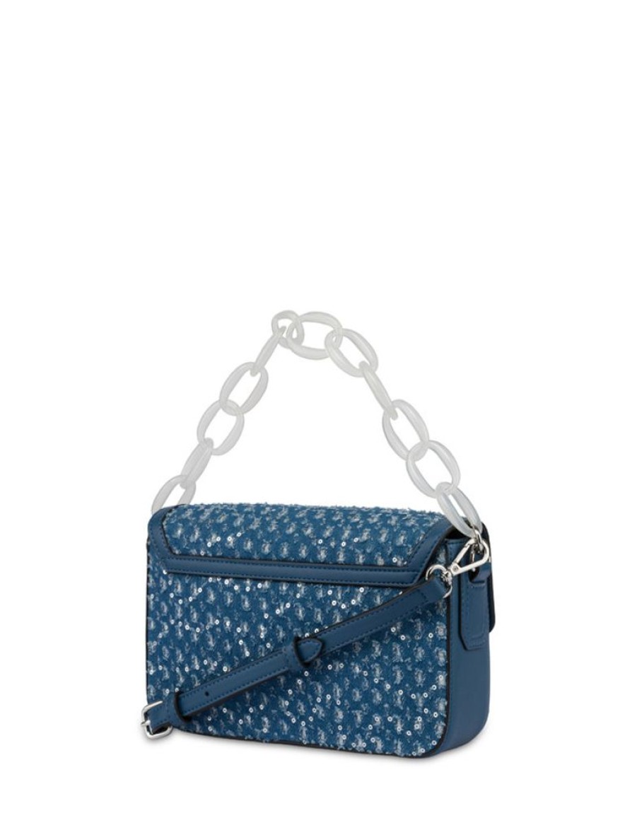 Pollini Candy Bag In Denim Con Pailettes E Maxi Catena