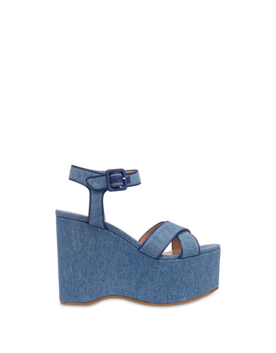 Pollini Sandali In Denim Con Zeppa Capri