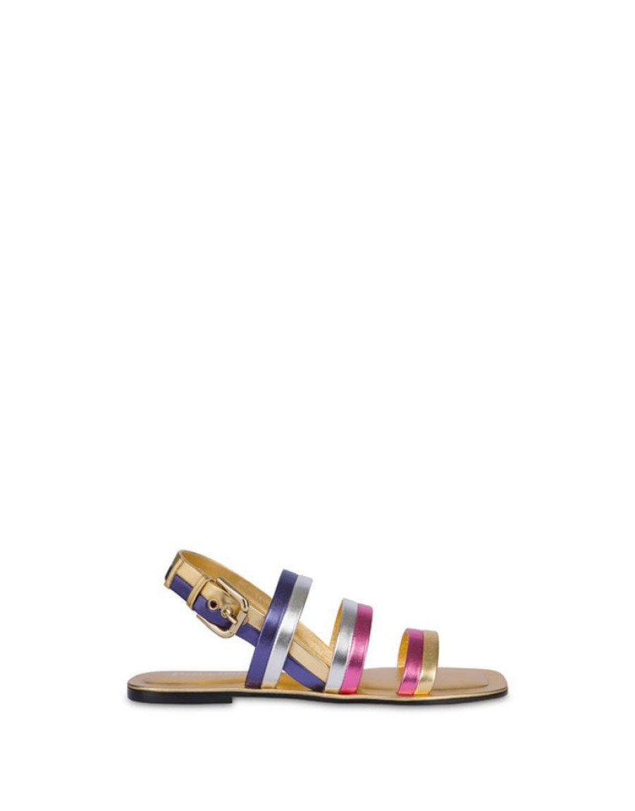 Pollini Sandali Flat In Nappa Laminata Rainbow